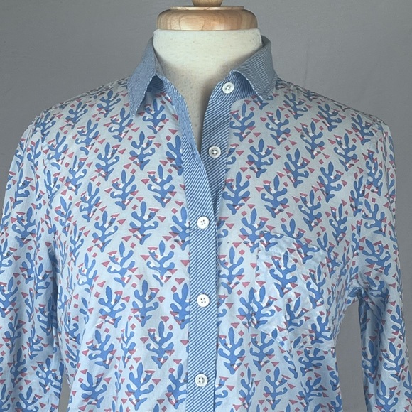 J. Crew Popover Blouse Coral Block Print Womens 6 Lightweight Spring Indian Blue - Picture 5 of 11